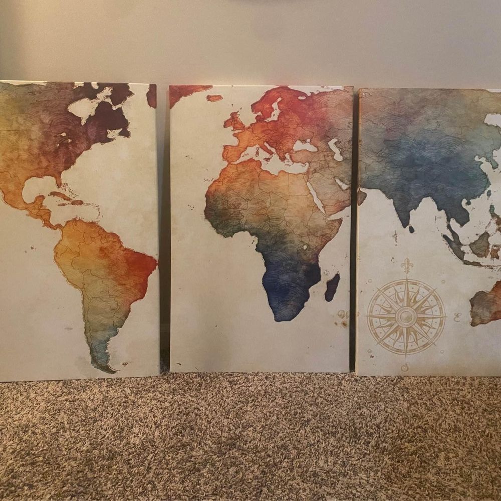 3 Piece Multi Color World Map Canvas Set